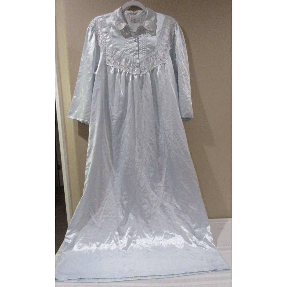 Vintage Nicole 54188 Silky Long Blue Nightgown Lace Floral Button Sz Large